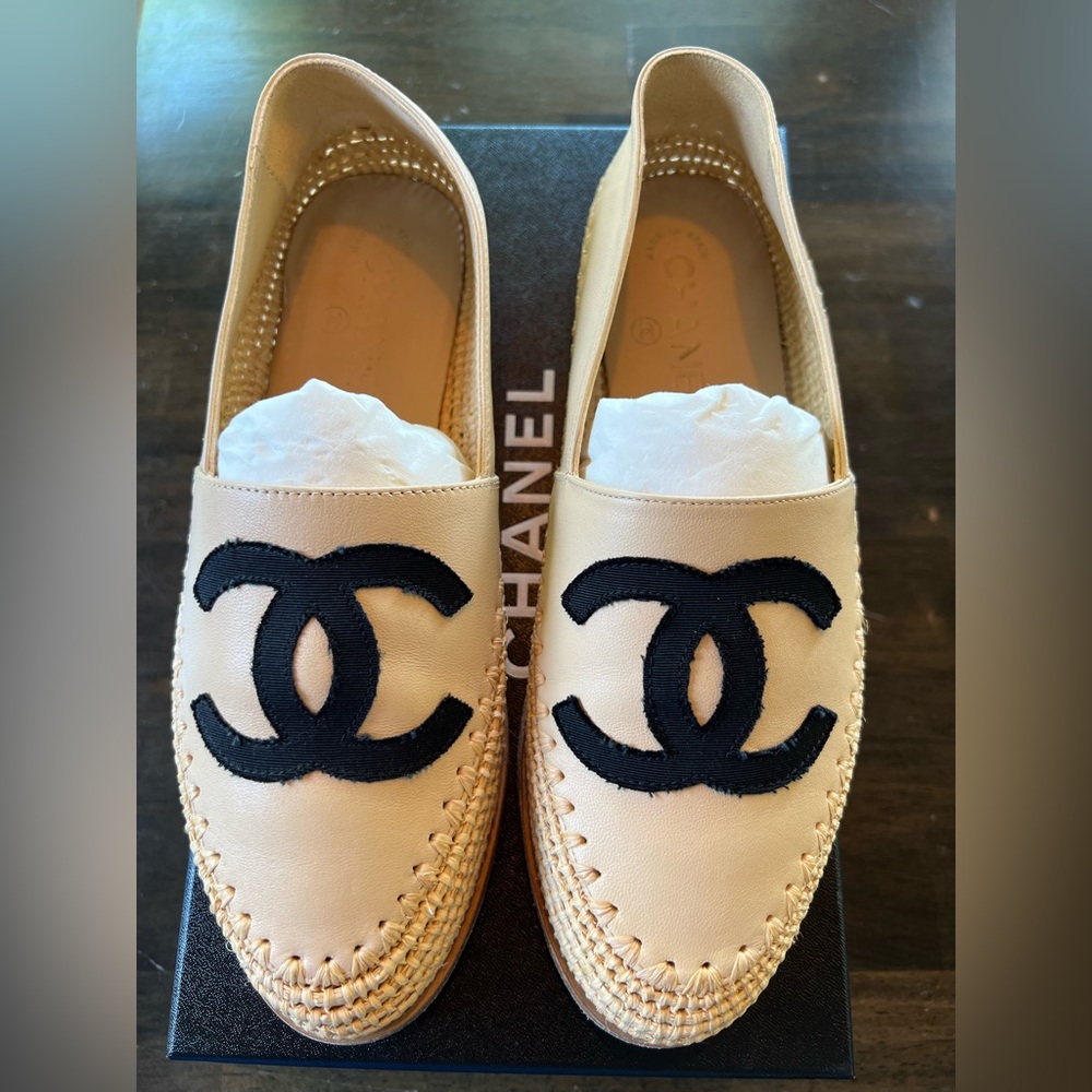 CHANEL Tan and Black Espadrilles with Iconic Design